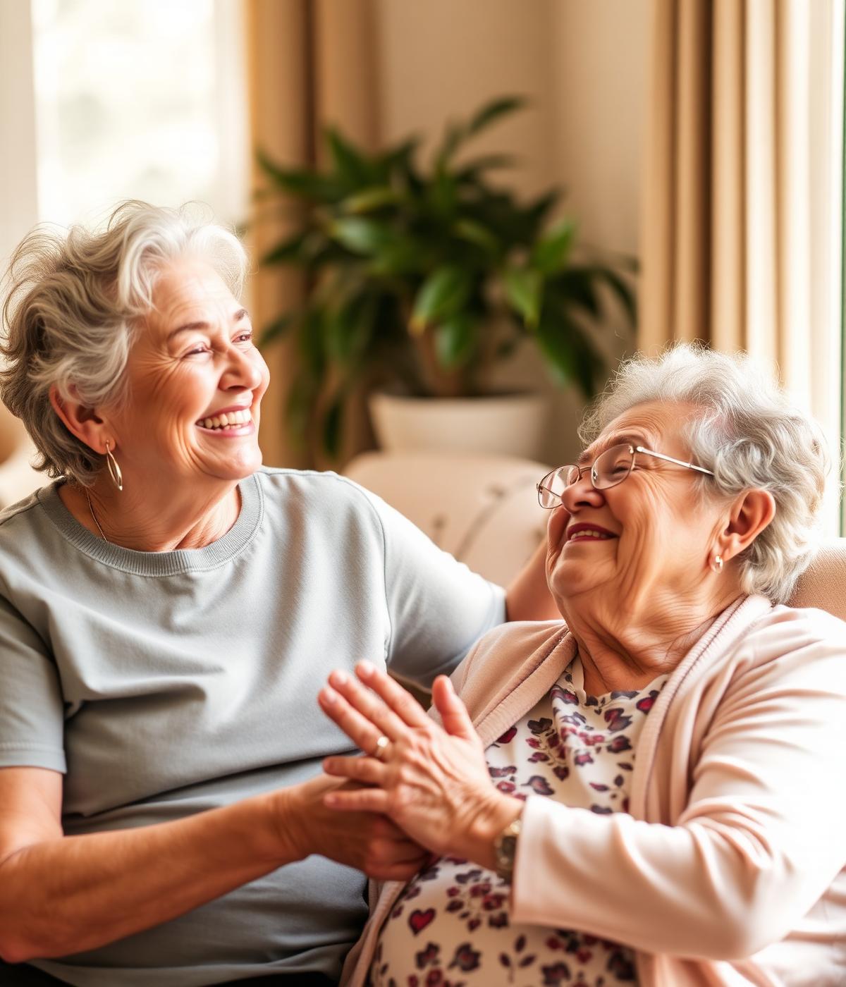 A caregiver and resident sharing a moment at Grand Host