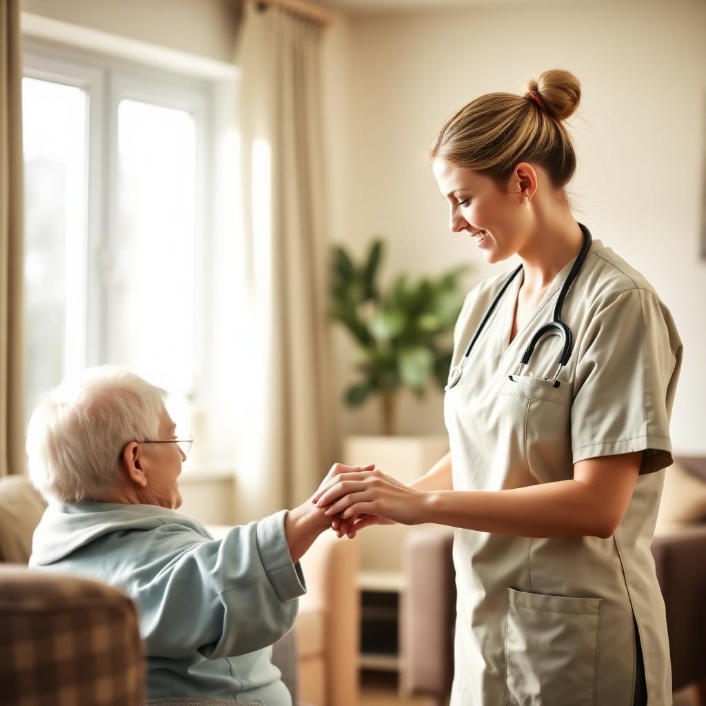 Nurse gently holding the hand of an elderly resident